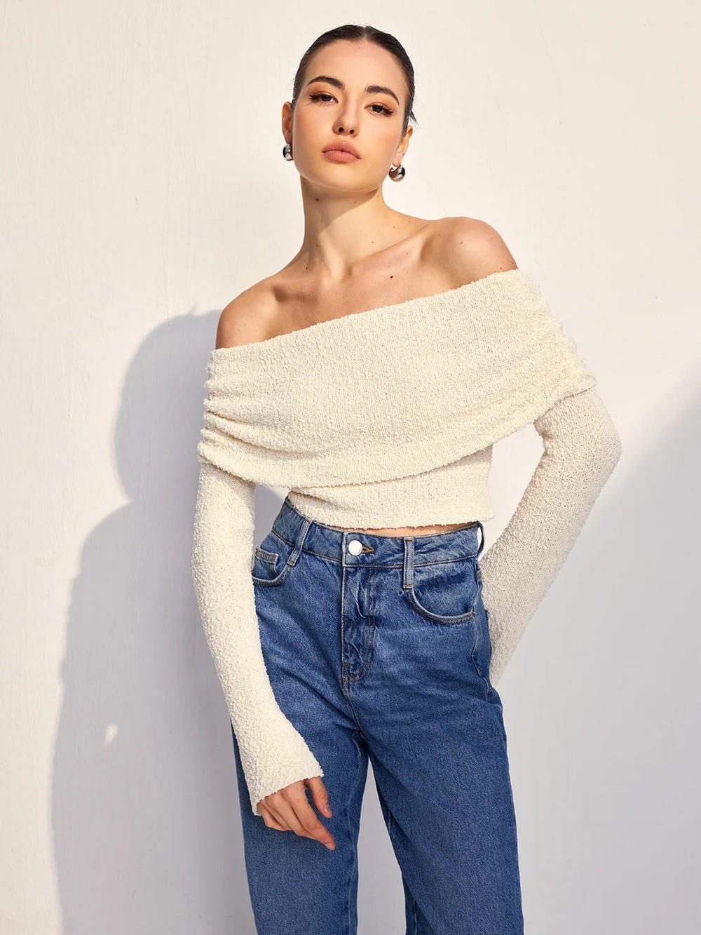 Commense Cream Off-Shoulder Cropped Sweater Top